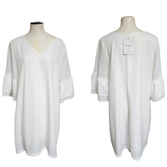 BELONGSCI Women's 2023 Summer Mini Dress, V Neck Bell Tiered Ruffle Sleeves XL - Picture 2 of 8